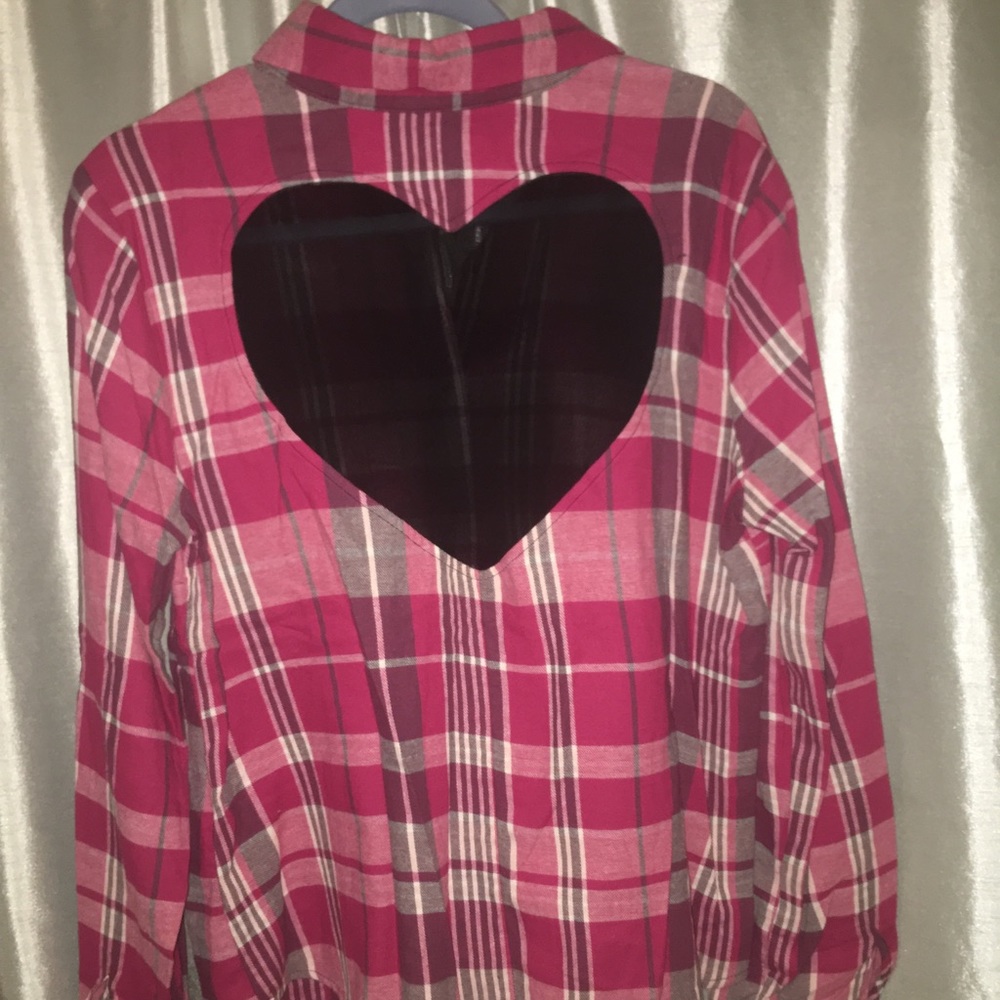 Plaid blouse. Sheer black heart on back